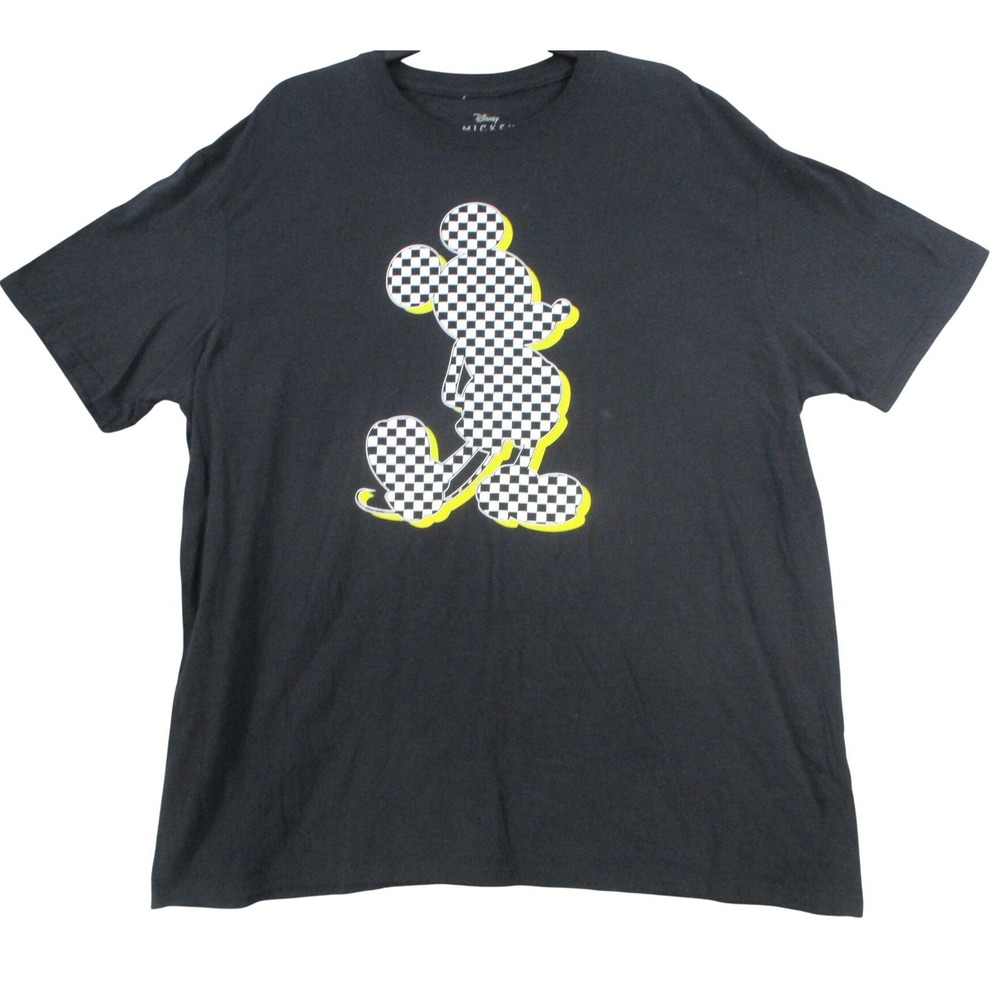 Disney Mickey Mouse T Shirt Mens 2XL Black Checkered Graphic Tee Short Sleeve